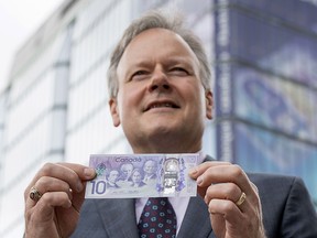 Governor of the Bank of Canada Stephen Poloz holds the Canada 150 commemorative bank note in Ottawa on Thursday, June 1, 2017. The photo opportunity marked the entry into circulation of the Canada 150 $10 bank note. THE CANADIAN PRESS/Justin Tang ORG XMIT: JDT101
