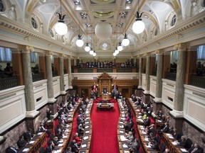 British Columbia Lieutenant Governor Judith Guichon delivers the speech from the throne inside the Legislature in Victoria, B.C. Tuesday, Feb. 10, 2015