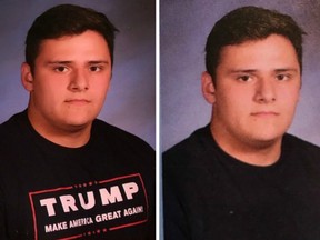When Grant Berardo, a junior at Wall Township High School in central New Jersey, received his yearbook last week, he noticed something was missing from the photo: President Trump's winning campaign slogan.