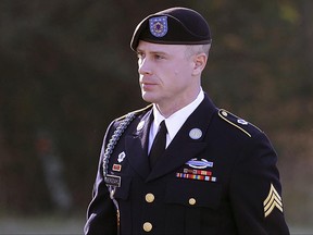 FILE - In this Jan. 12, 2016, file photo, Army Sgt. Bowe Bergdahl arrives for a pretrial hearing at Fort Bragg, N.C. Serious wounds to a soldier and a Navy Seal who searched for Army Sgt. Bowe Bergdahl can be used at the sentencing phase of his upcoming trial, a judge ruled Friday, June 30, 2017, giving prosecutors significant leverage to pursue stiff punishment against the soldier. (AP Photo/Ted Richardson, File)