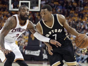 Toronto Raptors' Kyle Lowry (7) drives past Cleveland Cavaliers' Kyrie Irving (2) during the first half in Game 2 of a second-round NBA basketball playoff series, Wednesday, May 3, 2017, in Cleveland. Masai Ujiri insists all-star point guard Lowry wants to stay in Toronto.The Raptors president was responding to a media report that said Lowry, who will become an unrestricted free agent on July 1, has "zero interest" in remaining in Toronto. THE CANADIAN PRESS/AP/Tony Dejak