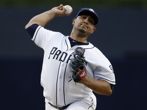 San Diego Padres starting pitcher Jhoulys Chacin throws during the first inning of the team's baseball game against the Atlanta Braves in San Diego, Tuesday, June 27, 2017. (AP Photo/Alex Gallardo)