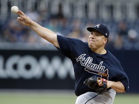 Atlanta Braves starting pitcher Bartolo Colon throws during the first inning of the team's baseball game against the San Diego Padres in San Diego, Wednesday, June 28, 2017. (AP Photo/Alex Gallardo)