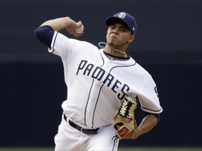 San Diego Padres starting pitcher Dinelson Lamet works against an Atlanta Braves batter during the first inning of a baseball game Thursday, June 29, 2017, in San Diego. (AP Photo/Gregory Bull)