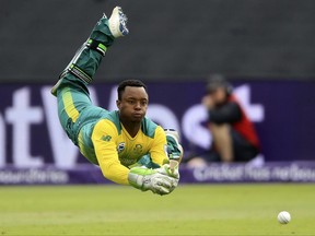 South Africa's wicket keeper Mangaliso Mosehle drops a catch from England's Jason Roy during the T20 match at the SSE Swalec stadium in Cardiff, Sunday June 25, 2017. (Nigel French/PA via AP)