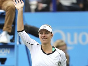 Germany's Angelique Kerber  reacts  in her victory against Czech Republic's Kristyna Pliskova  during  the AEGON International tennis tournament at Devonshire Park, Eastbourne, England, Wednesday June 28, 2017. (Gareth Fuller/PA via AP)