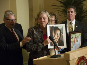 Debbie Ziegler, mother of Brittany Maynard, speaks to the media after the passage of legislation, that allows terminally ill patients to legally end their lives.