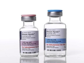 This photo provided by Genentech, the Roche Group's biologic drug unit, shows vials of Rituxan Hycela. On Thursday, June 22, 2017, the Food and Drug Administration approved Rituxan Hycela, a more convenient version of a blockbuster drug for treating three common blood cancers. (Genentech via AP)