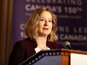 Carolyn Wilkins, senior deputy governor of the Bank of Canada, speaks at an event in Winnipeg on Monday.