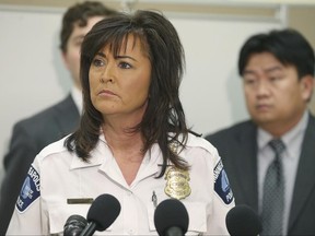 FILE - In this March 30, 2016 file photo, Minneapolis Police Chief Janee Harteau speaks at a news conference, in Minneapolis. Minneapolis' first openly gay police chief responded sharply Thursday, June 22, 2017,  to a decision by organizers of the Twin Cities Pride Parade to ask her department to minimize its participation in Sunday's annual event due to tensions over the police shooting of Philando Castile. They said in a statement that they're trying to respect the pain that many people are feeling following last week's acquittal of St. Anthony police officer Jeronimo Yanez, who killed the black school cafeteria worker during a traffic stop in Falcon Heights last July.   (Elizabeth Flores /Star Tribune via AP)