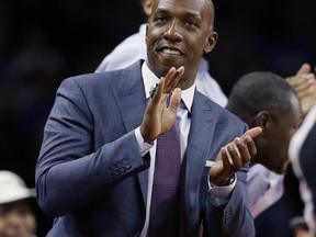 FILE - In this Wednesday, Feb. 10, 2016 file photo, former Detroit Pistons Chauncey Billups acknowledges the crowd before an NBA basketball game against the Denver Nuggets in Auburn Hills, Mich. A person familiar with the talks says Cavaliers owner Dan Gilbert met with former NBA star Chauncey Billups about a position in Cleveland's front office. The meeting took place on Tuesday, June 20, 2017 in Detroit, said the person who spoke to the Associated Press on condition of anonymity because of the sensitivity of the negotiations. (AP Photo/Carlos Osorio, File)