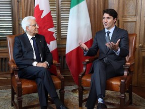 Prime Minister Justin Trudeau (right)holds a bilateral meeting with President of Italy Sergio Mattarella on Parliament Hill in Ottawa on Wednesday, June 28, 2017. THE CANADIAN PRESS/Fred Chartrand