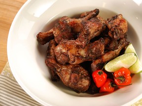 Cool down these tangy and spicy jerk chicken wings with a creamy onion dip.