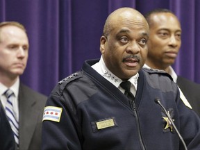 FILE - In this April 5, 2017, file photo, Chicago Police Department Superintendent Eddie Johnson speaks during a news conference in Chicago. Chicago police, federal agents and prosecutors plan to announce Friday, June 30 they are launching a new initiative to stem the flow of illegal firearms in the city as part of efforts to curb rampant gun violence that President Donald Trump says is at "epidemic proportions." (AP Photo/Teresa Crawford, File)