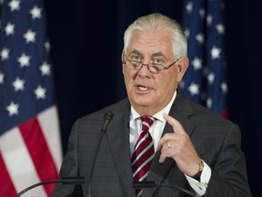 FILE - In this June 21, 2017 file photo, Secretary of State Rex Tillerson speaks at the State Department in Washington. The Trump administration is poised to declare China among the world's worst offenders on human trafficking, U.S. officials said Monday, June 26, 2017, putting the world's most populous country in the same category as North Korea, Zimbabwe and Syria, China's downgrade is to be announced Tuesday, June 27, 2017, at the State Department when Tillerson unveils the annual Trafficking in Persons Report to Congress. (AP Photo/Cliff Owen, File)