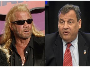 In this combination photo, Duane Chapman arrives at the CMT Music Awards on June 4, 2014, in Nashville, Tenn., left, and  New Jersey Gov. Chris Christie, chairman of the President's Commission on Combating Drug Addiction and the Opioid Crisis, speaks on June 16, 2017, in Washington. Christie has shut down any prospect of meeting with the former star of "Dog the Bounty Hunter" over the state's bail reform. Chapman was in Trenton on Monday, meeting with lawmakers to discuss bail reforms that went into effect this year.  Christie supports the state's new system in which courts rate defendants to determine security risks . (AP Photo/Wade Payne/Invision/AP,  left, and Susan Walsh, File)