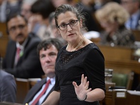 Foreign Affairs Minister Chrystia Freeland responds to a question during question period in the House of Commons on Parliament Hill in Ottawa on Thursday, June 1, 2017.