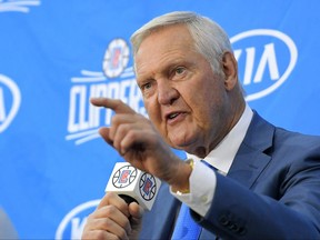 Jerry West speaks during a news conference to introduce him as an advisor to the Los Angeles Clippers, Monday, June 19, 2017, in Los Angeles. (AP Photo/Mark J. Terrill)