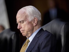 Senator John McCain, a Republican from Arizona, listens during a Senate Intelligence Committee hearing with Former Director of the Federal Bureau of Investigation (FBI) James Comey, not pictured, in Washington, D.C., U.S., on Thursday, June 8, 2017.