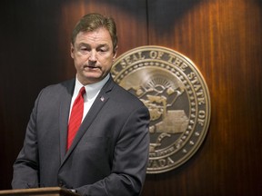 Sen. Dean Heller, R-Nev., during a press conference where he announced he will vote no on the proposed GOP healthcare bill at the Grant Sawyer State Office Building on Friday, June 23, 2017 in Las Vegas. (Erik Verduzco/Las Vegas Review-Journal via AP)