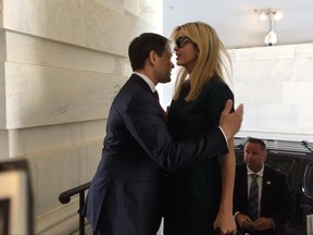 Ivanka Trump, daughter of President Donald Trump, is greeted by Sen. Marco Rubio, R-Fla., as she arrives at the Capitol to meet with lawmakers about parental leave, in Washington, Tuesday, June 20, 2017. (AP Photo/Erica Werner)