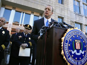 Federal Bureau of Investigation Washington Field Office, Special Agent in Charge, Timothy Slater, with Alexandria Police Department Chief Michael Brown, from left, and United States Capitol Police Chief Matthew Verderosa, speaks to reporters outside the FBI Washington Field Office, Wednesday, June 21, 2017, during a news conference about the investigative findings to date in the shooting that occurred at Eugene Simpson Stadium Park in Alexandria, Va. on Wednesday, June 14, 2017. (AP Photo/Manuel Balce Ceneta)