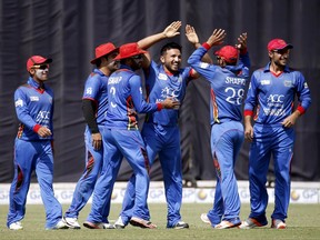 FILE - In this Wednesday, March 22, 2017 file photo, Afghanistan players celebrate the dismissal of Ireland's Ed Joyce during their fourth one day international cricket match in Greater Noida, India. The rise of Afghanistan and Ireland in the ranks of international cricket gathered pace on Thursday, June 22 when they were voted in as full ICC members, meaning they can play test matches against the world's elite countries. (AP Photo/Altaf Qadri, file)
