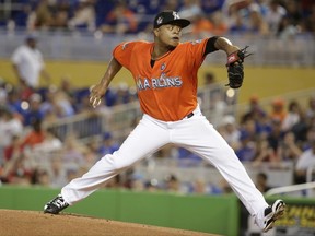 Miami Marlins starting pitcher Edinson Volquez delivers during the first inning of a baseball game against the Chicago Cubs, Sunday, June 25, 2017, in Miami. (AP Photo/Lynne Sladky)