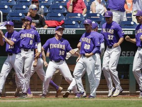 LSU players, including Jared Poche (16), celebrate after Michael Papierski scored a three-run home run against Oregon State in the third inning of an NCAA College World Series baseball elimination game in Omaha, Neb., Saturday, June 24, 2017. (AP Photo/Nati Harnik)