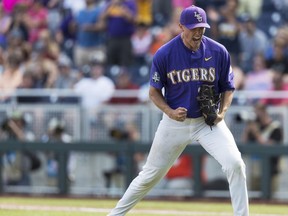 LSU's Zack Hess reacts after the final out against Oregon State during anNCAA College World Series baseball game Saturday, June 24, 2017, in Omaha, Neb. (Brendan Sullivan/Omaha World-Herald via AP)