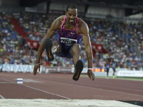 Christian Taylor from the U.S. competes in the triple jump men's event at the Golden Spike athletic meeting in Ostrava, Czech Republic, Wednesday, June 28, 2017. (AP Photo/Petr David Josek)