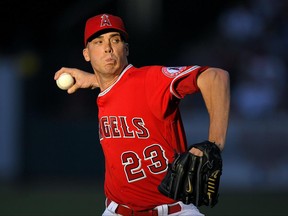 Los Angeles Angels starting pitcher Alex Meyer winds up during the first inning of the team's baseball game against the Los Angeles Dodgers, Wednesday, June 28, 2017, in Anaheim, Calif. (AP Photo/Mark J. Terrill)