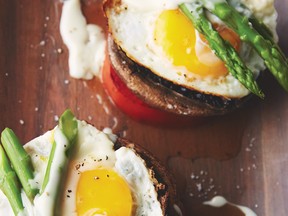 Eggs Mornay over tender asparagus and portobello