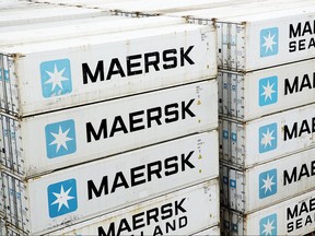 FILE - In this Jan. 31, 2014, file photo of A.P. Moller-Maersk containers on a ship in the Panama Canal. Hackers Tuesday June 27, 2017  caused widespread disruption across Europe, hitting Ukraine especially hard.  Russia's Rosneft energy company also reported falling victim to hacking, as did shipping company A.P. Moller-Maersk, which said every branch of its business was affected. (Thomas Borberg/Polfoto via AP,file)