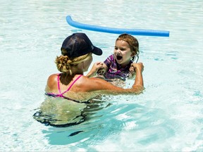 Jennifer Vollmann, 33, plays with her 2-year-old daughter, Izela, in Encanto Pool on Thursday, June 15, 2017 in Phoenix, Ariz. Vollmann, who lives in Phoenix, said her daughter will be back in the pool next week when temperatures are expected to exceed 120 degrees. (AP Photo/Angie Wang)