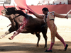 Spanish matador Ivan Fandino performs a pass with a Baltasar Iban bull during a bullfight at the Corrida des Fetes on June 17, 2017 in Aire sur Adour, southwestern France.