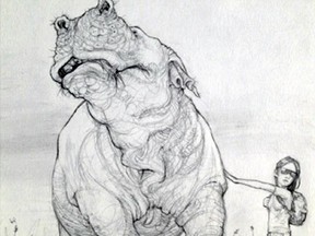 This image released by Netflix shows a sketch of characters Okja, left, and Mija from the film, "Okja." The genetically modified pig of Boon Joon-ho's "Okja" is 8-feet tall, 13 feet-long and weighs six tons. It looks most like a hippo, but it has big floppy dog ears and moves a little like an elephant.  (Sandro Kopp/Netflix via AP)