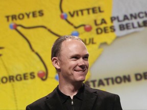 FILE - A Tuesday, Oct. 18, 2016 file photo of 2016 Tour de France winner Chris Froome of Britain during the presentation of the 2017 Tour de France cycling race in Paris, France. Past success aside, there isn't much to suggest that Chris Froome will cruise to a fourth Tour de France title in five years when the race rolls off in Duesseldorf, Germany, on Saturday. (AP Photo/Christophe Ena, File)