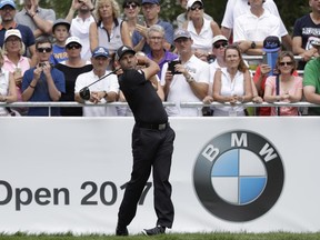 Sergio Garcia of Spain tees off during the third round of the German Open golf tournament in Eichenried near Munich, Germany, Saturday, June 24, 2017. (AP Photo/Matthias Schrader)