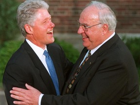 FILE - The June 21, 1997 file photo shows President Clinton welcomes German Chancellor Helmut Kohl prior to a formal dinner for the leading dignitaries of the Summit of the Eight at the University of Denver's Phipps House in Denver. Clinton will speak at a memorial ceremony at the European parliament in Strasbourg, France, on July 1.  (AP Photo/Alexander Zemlianichenko, file)