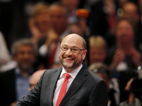 SPD leader and top candidate for the German elections in September, Martin Schulz, smiles during a congress of Germany's Social Democratic Party in Dortmund, Germany, Sunday, June 25, 2017. (AP Photo/Michael Probst)