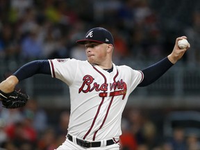 Atlanta Braves starting pitcher Sean Newcomb (51) works in the first inning of a baseball game against the San Francisco Giants Wednesday, June 21, 2017, in Atlanta. (AP Photo/John Bazemore)