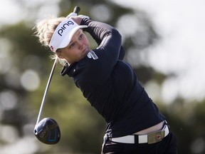 Brooke Henderson, of Canada, tees off on the secon hole during the second round of the LPGA Classic at Whistle Bear Golf Club in Cambridge, Ont., on Friday, June 9, 2017.