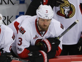 FILE- This May 15, 2017 file photo shows Ottawa Senators' Marc Methot (3) watching from the bench during the third period of Game 2 of the Eastern Conference final in the NHL hockey Stanley Cup playoffs against the Pittsburgh Penguins in Pittsburgh. The Dallas Stars have acquired Methot in a trade with the Vegas Golden Knights. The teams announced the deal Monday, June 26, 2017 less than a week since the Golden Knights took Methot in the expansion draft from the Ottawa Senators. (AP Photo/Gene J.Puskar)