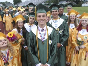 In this Friday, June 16, 2017 photo, Wyoming Area 2017 Class President and Valedictorian Peter Butera poses before his commencement exercise with fellow classmates in Wyoming, Pa. Butera had his microphone cut off during when his commencement speech went off script and criticized the district's administrators. He was elected class president all four years of high school.