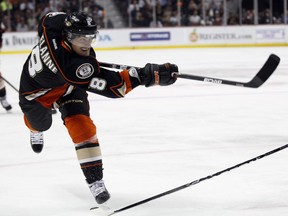 FILE - In this Oct. 21, 2011, file photo, Anaheim Ducks right wing Teemu Selanne, of Finland, takes a shot against the Dallas Stars in the second period of a NHL hockey game in Anaheim, Calif. Selanne is expected to headline the Hockey Hall of Fame's induction class of 2017, when it is announced Monday, June 26, 2017.  (AP Photo/Lori Shepler, File)