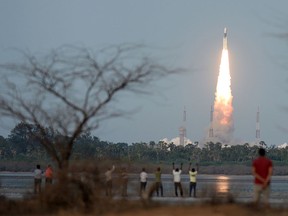 The Indian Space Research Organisation (ISRO) communication satellite GSAT-19, carried onboard the Geosynchronous Satellite Launch Vehicle (GSLV-mark III ), launches at Sriharikota on June 5, 2017.