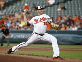 Baltimore Orioles starting pitcher Chris Tillman throws to the Cleveland Indians in the first inning of a baseball game in Baltimore, Tuesday, June 20, 2017. (AP Photo/Patrick Semansky)