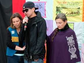 Alex Carlick interrupts a family's testimony to make an emotional statement at the National Inquiry into Missing and Murdered Indigenous Women and Girls in Whitehorse this week.