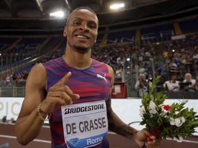 Canada's Andre De Grasse celebrates after winning the men's 200 metres during the Golden Gala Pietro Mennea athletics meeting at Rome's Olympic Stadium on Thursday, June 8, 2017.